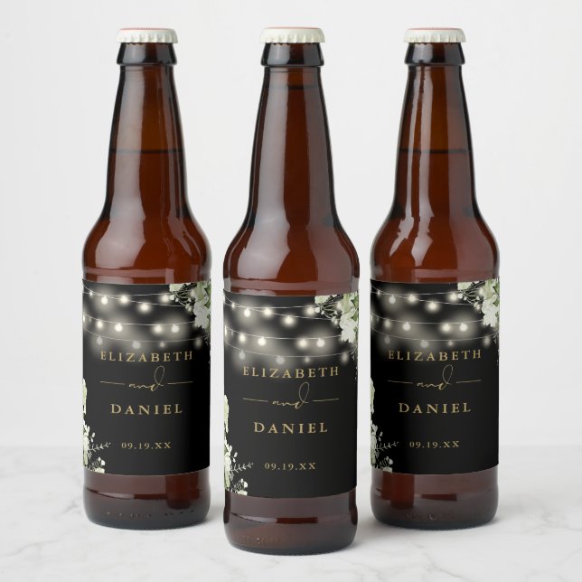 Black Gold String Lights Floral Greenery Wedding Beer Bottle Label (Bottles)