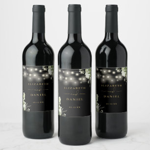 Black Gold String Lights Floral Greenery Wedding Wine Label