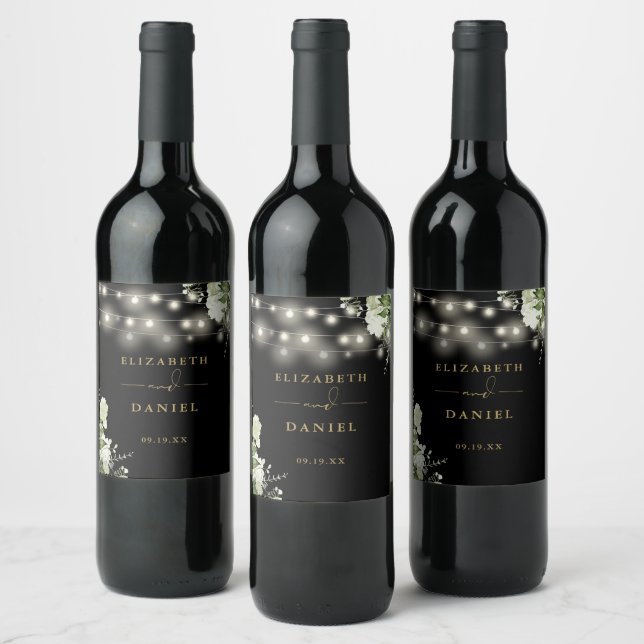Black Gold String Lights Floral Greenery Wedding Wine Label (Bottles)