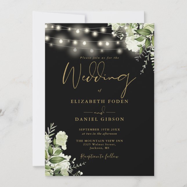 Black Gold String Lights Floral QR Code Wedding Invitation (Front)
