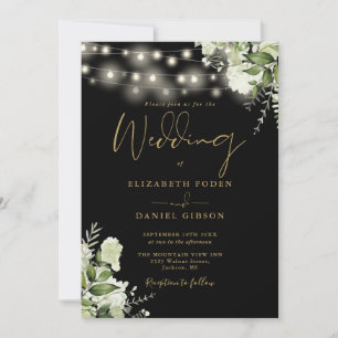 Black Gold String Lights Floral QR Code Wedding Invitation