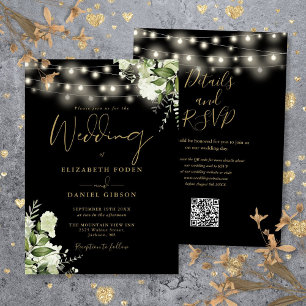 Black Gold String Lights Floral QR Code Wedding Invitation
