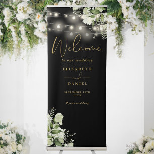 Black Gold String Lights Floral Wedding Welcome Retractable Banner