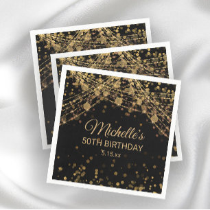 Black Gold String Lights Glitter Adult Birthday Napkin