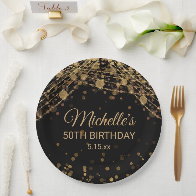 Black Gold String Lights Glitter Adult Birthday  Paper Plate (Wedding)