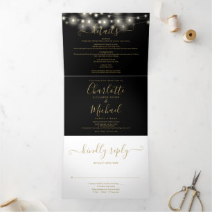 Black Gold String Lights Script Monogram Wedding Tri-Fold Invitation