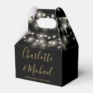 Black Gold String Lights Signature Script Wedding Favour Box