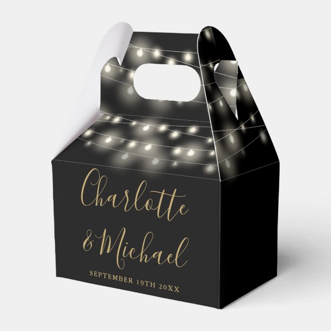 Black Gold String Lights Signature Script Wedding Favour Box (Front Side)