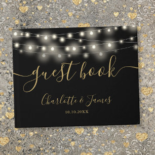 Black Gold String Lights Signature Script Wedding Guest Book