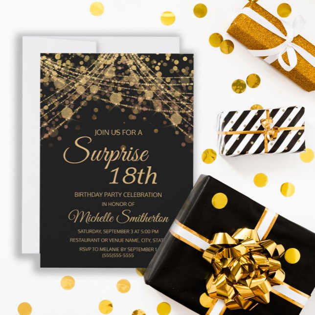 Black Gold String Lights Surprise 18th Birthday Invitation (Creator Uploaded)