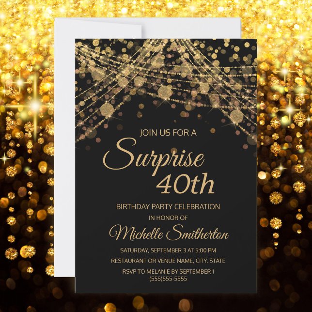 Black Gold String Lights Surprise 40th Birthday Invitation (Creator Uploaded)