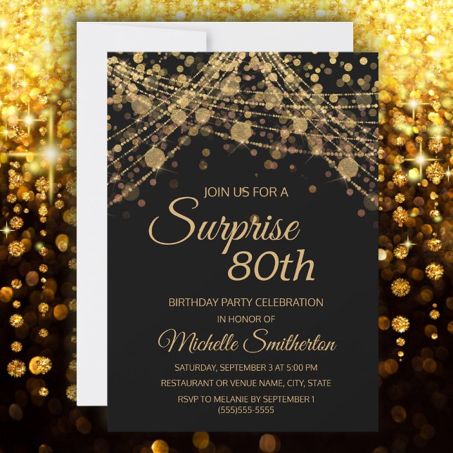 Black Gold String Lights Surprise 80th Birthday Invitation (Surprise 80th birthday party invitation with gold glitter on a black background)