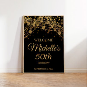 Black Gold String Lights Welcome 50th Birthday Poster