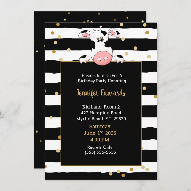 Black Gold Stripe Cow Theme Kids Birthday Party  Invitation (Front/Back)