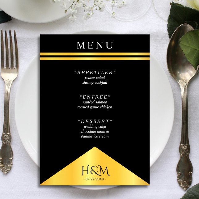 Black & Gold Stripe Fancy Wedding Reception Menu (black and gold wedding menu)