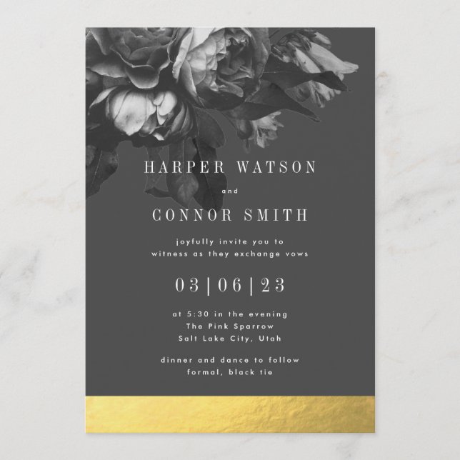 Black Gold Stripe Rose Bouquet Wedding Invitation (Front)
