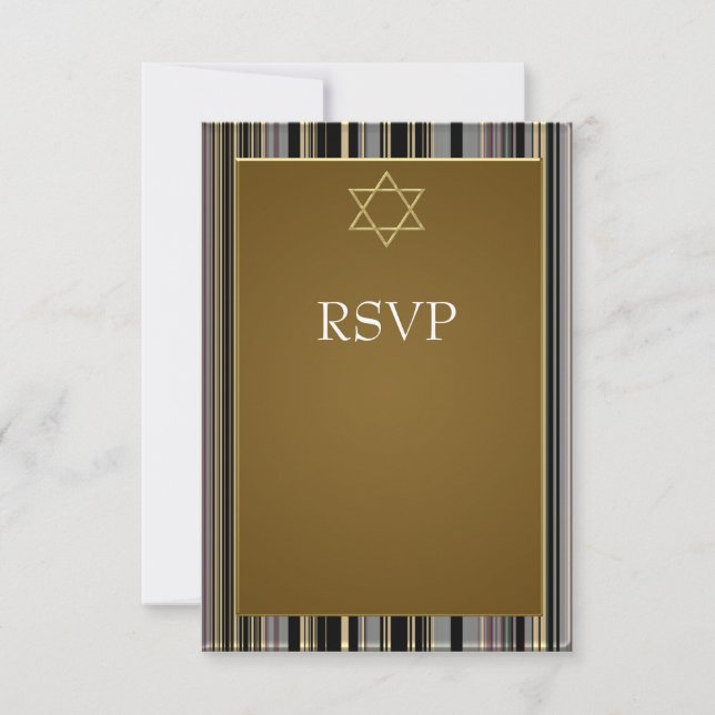 Black Gold Stripe Star of David Bar Mitzvah RSV RSVP Card (Front)