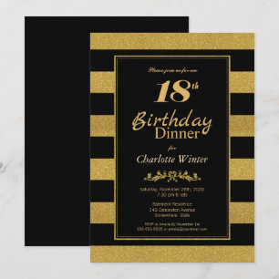 Black Gold Striped 18th Birthday Dinner Invitation