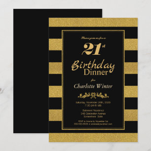 Black Gold Striped 21st Birthday Dinner Invitation
