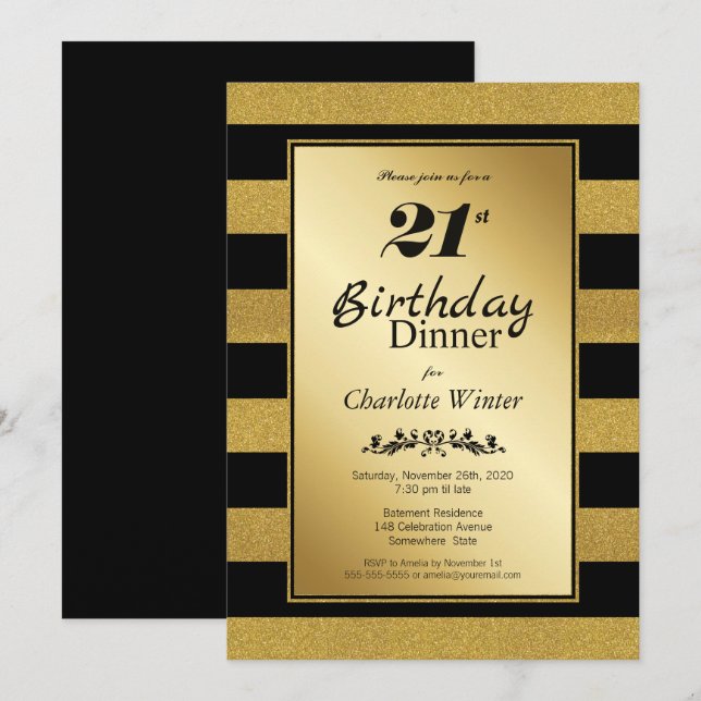 Black & Gold Striped 21st Birthday Dinner Invitation (Front/Back)