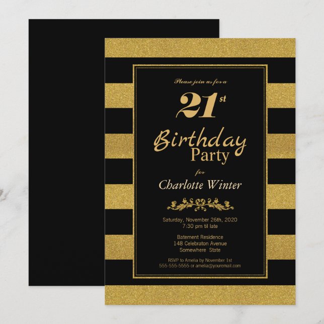 Black Gold Striped 21st Birthday Party Invitation (Front/Back)