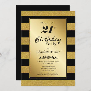 Black Gold Striped 21st Birthday Party Invitation