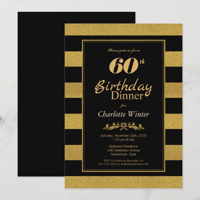 Black Gold Striped 60th Birthday Dinner Invitation (Front/Back)