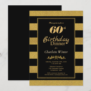 Black Gold Striped 60th Birthday Dinner Invitation