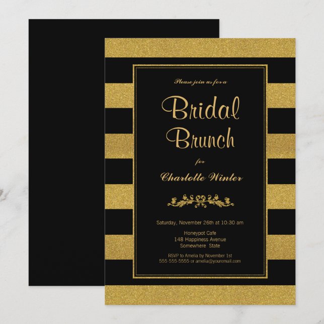 Black Gold Striped Bridal Brunch Invitation (Front/Back)