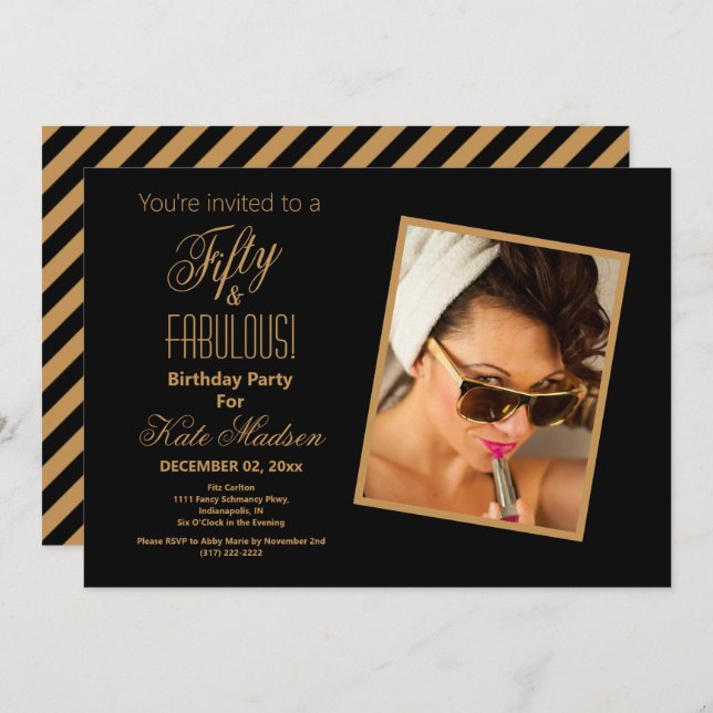 Black & Gold Striped Fifty & FABULOUS! Party Invitation (Front/Back)