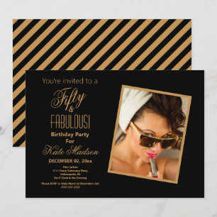 Black & Gold Striped Fifty & FABULOUS! Party Invitation