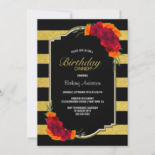 Black Gold Striped Floral Birthday Dinner Invitation