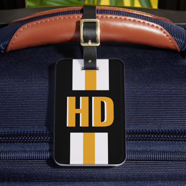 Black & gold striped Shadow Monogram Vacation Luggage Tag (Front Insitu 2)