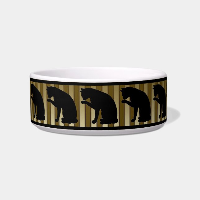 Black & Gold Striped Silhouette Cat Bowl (Front)