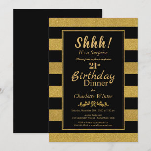 Black & Gold Striped Surprise 21st Birthday Dinner Invitation