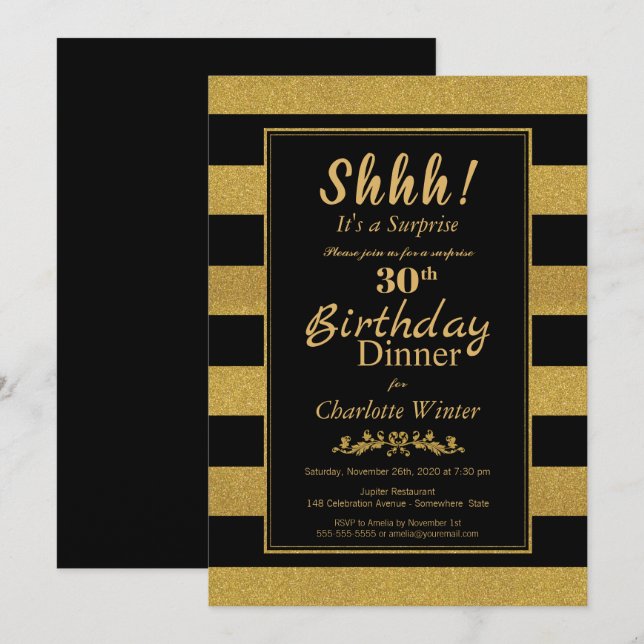 Black & Gold Striped Surprise 30th Birthday Dinner Invitation (Front/Back)