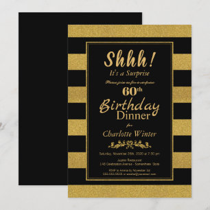 Black & Gold Striped Surprise 60th Birthday Dinner Invitation