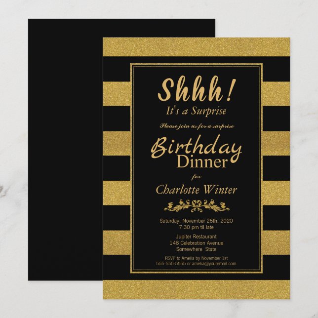 Black & Gold Striped Surprise Birthday Dinner Invitation (Front/Back)