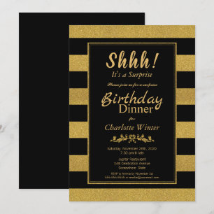 Black & Gold Striped Surprise Birthday Dinner Invitation