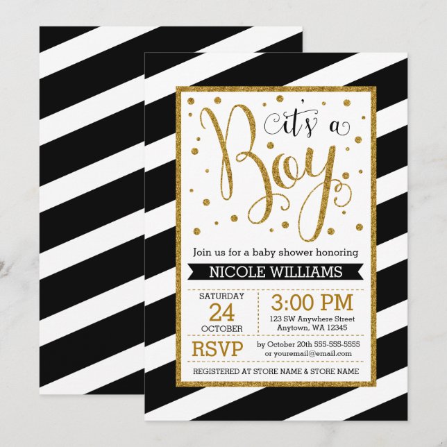 Black Gold Stripes Boy Baby Shower Invitations (Front/Back)