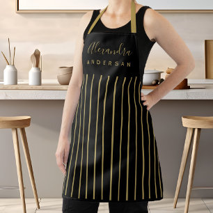 Black Gold Stripes Elegant Script Monogram Apron