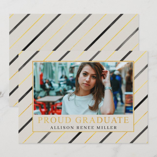Black Gold Stripes Modern Elegant Photo Graduation Invitation (Front/Back)