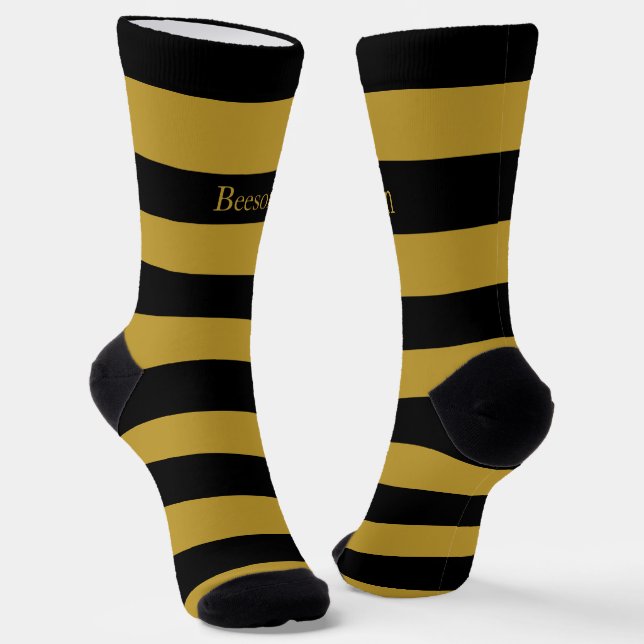 Black Gold Stripes Monogram Crew Socks (Angled)
