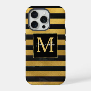 Black Gold Stripes Monogram iPhone 15 Pro Case