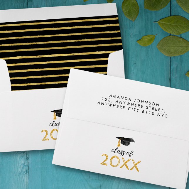 Black Gold Stripes Return Address Graduation Envelope (Creator Uploaded)