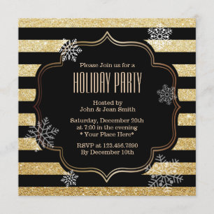 Black & Gold Stripes Snowflakes Holiday Party Invitation