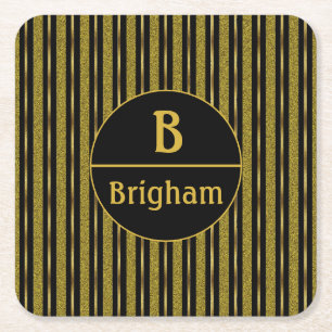 Black & Gold Stripes Split Monogram Square Paper Coaster