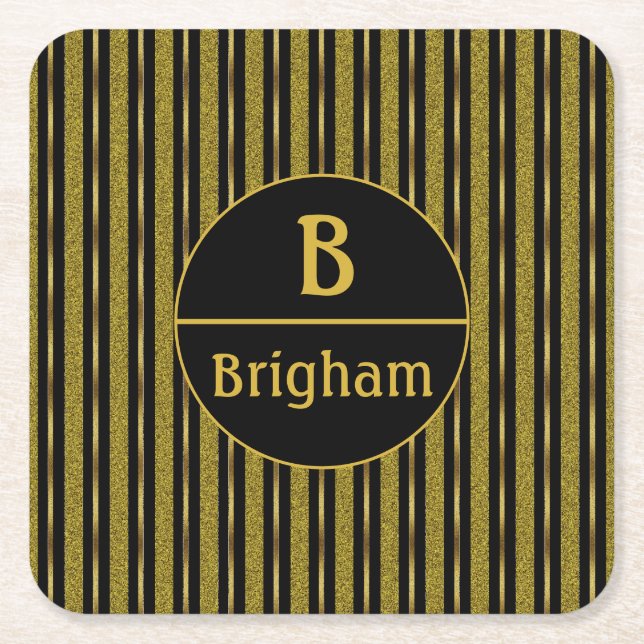 Black & Gold Stripes Split Monogram Square Paper Coaster (Front)