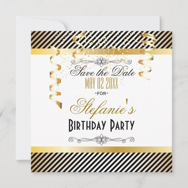 Black & Gold Stripes with Confetti Save The Date (Front)