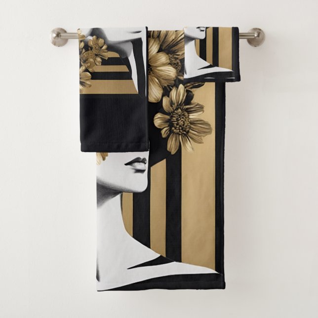 Black Gold Stripes Woman Flowers Bath Towel Set (Insitu)